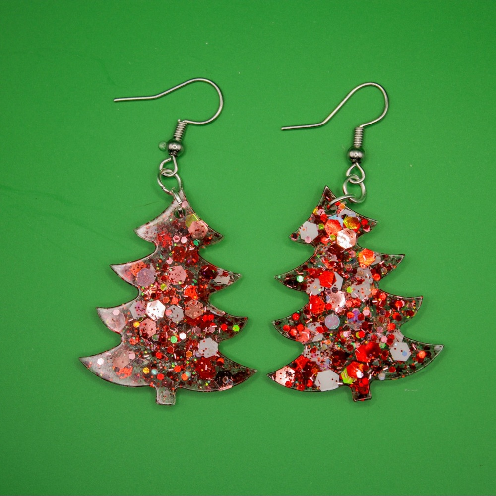 Red and White Glitter 1.5” Christmas Tree Resin Earrings with silver Hooks